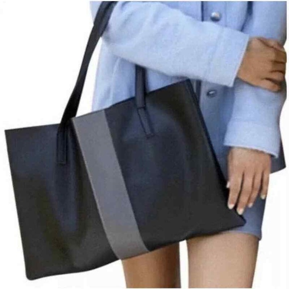Vince Camuto Black Vegan Leather Tote with Gray Stripe - Picture 1 of 13
